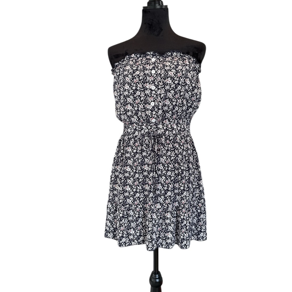 Navy & White Floral Strapless Mini Dress Size M Summer Cottagecore Boho‎ Chic